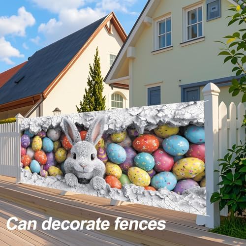 ANNA QUEEN Easter Bunny Garage Door Banner 6x13FT, Cute Rabbit Peeking Cracked Wall Garage Door Cover with Colorful Eggs, Large Outdoor Spring Decoration Backdrop for Double Garage Door & Egg Hunt Party - Image 5