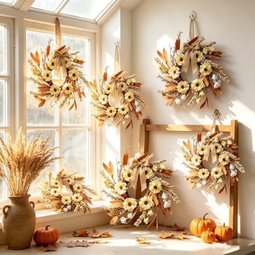 6 Pcs Small Fall Hanging Wreaths with Artificial Autumn Yellow Daisies Brown Foliage White Buds Beige Spikes Mini Cabinet Wreath for Home Table Centerpieces Kitchen Farmhouse Thanksgiving Party Decor - Image 5