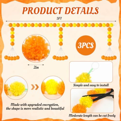 Giegxin 3 Pcs Marigold Garland for Diwali Decoration 4.92 feet Long Strand Artificial Marigold Flowers for Diwali Pooja Indian Home Wedding Dia De Los Muertos Day of The Dead (Orange Yellow) - Image 2