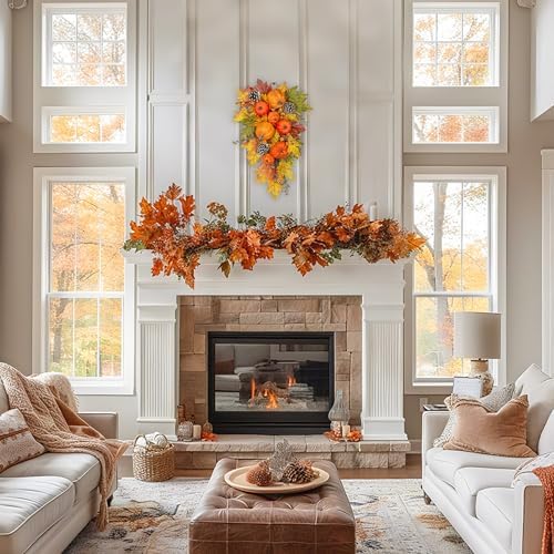 Pumpkin Harvest Teardrop Swag, 23.6 Inch, Mini Pumpkins & Fall Leaves - Image 6