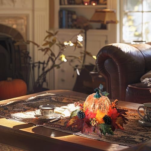 Lighted Pumpkin Fall Decor – LED Thanksgiving Decoration with Faux Maple Leaves, Berries, and Pinecones, Autumn Harvest Centerpiece for Table, Indoor and Outdoor Home Display - Image 7