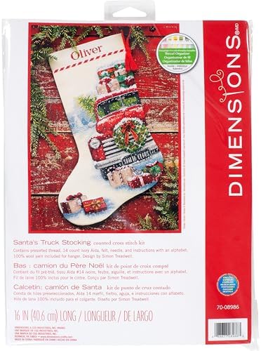 Whimsical Dimensions Counted Cross Stitch Kit Santa's Truck Stocking - 16"(1 Pc.) - Christmas Stocking, DIY Gift for Loved Ones, Ideal for Festive Events by DIMENSIONS