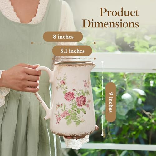 Retro Rustic Large Ceramic Vase with Handle, Distressed Farmhouse Pitcher for Home, Ideal Shelf Decor, Red Rose Floral Vase for Living Room Bedroom Office Table Centerpiece Decorations 9 Inch - Image 2