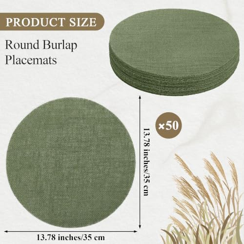 Aneco 50 Pieces Round Burlap Placemats 13.78 Inch Reusable Sage Green Table Mats Heat Resistant Natural Jute Fibers Placemats Burlap Circle Rustic Table Decorations for Dinner Holiday Farmhouse Decor - Image 2