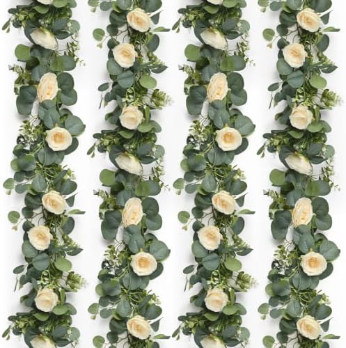 4 Pack 24FT Artificial Eucalyptus Flower Garland with 6 Champagne Roses, Fake Flower Vines Centerpieces for Tables, Spring Greenery Floral Garland for Mantle Wedding Backdrop Home Table Runner Decor by Unknown
