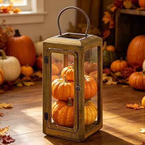 18" High Decorative Wood and Glass Lantern with Metal Handle, Distress Brown, Candle Holder (Distressed Brown, Large) - Image 3