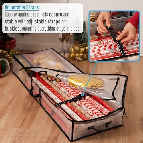 VENO 2 Pack Clear Wrapping Paper Organizer Storage Box for Christmas Gift Bags and Holiday Accessories, Underbed Storage Container with Interior Pockets, 40 Inches Long Fits 24 Rolls (2 Pack) - Image 2
