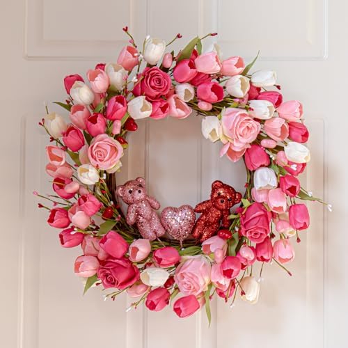 J'FLORU Valentines Day Decorations Romantic Valentines Day Gifts 22 Inch Valentine's Day Wreath with Lovely Bear Heart Roses Tulips for Valentine Party Anniversary Candlelight Dinner - Image 3