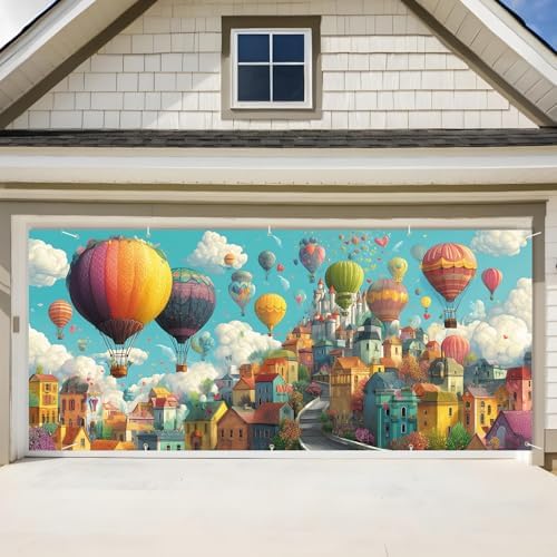 Hot Air Balloon Fantasy Summer Garage Door Banner 7x16FT, Colorful Balloon & Sky City Garage Door Cover, Vibrant Outdoor Decoration for Spring & Summer Parties Home Decor by ANNAQUEEN