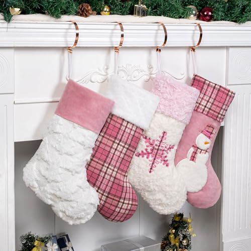 GEXWORLDWIDE GEX Pink Plush Christmas Stockings for Family 20" Large Pink Plaid Xmas Stockings Classic Fireplace Decorations Hanging Ornament (4 Pack) - Image 2