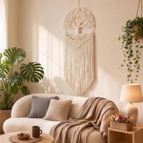 Sylfaen Tree of Life Macrame Wall Hanging - Boho Handmade Woven Tapestry - Dream Catcher Wall Decor Art Living Room - Macrame Tapestry Boho Decor for Bedroom (Beige) - Image 4