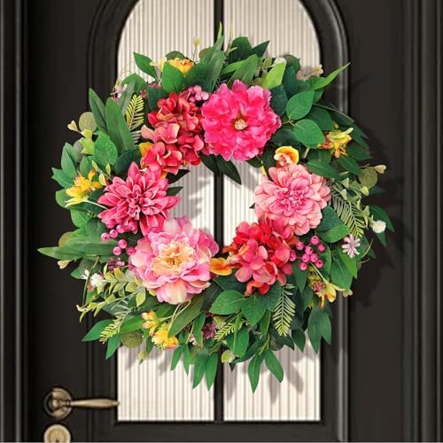 Spring Wreaths for Front Door Outside 24 Inch Spring Door Wreath with Pink Peony, Dahlias & Hydrangea, Handmade Silk Summer Wreaths for Front Door Home Wall Window Proch Seasonal Decor by WOSCCOWT