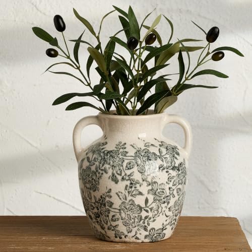 Vintage Vase with Handles, Ceramic Utensil Holder, Flower Decorative Vase Chinoiserie Decor Rustic Farmhouse Retro Floral Vases for Table Bookshelf Mantel Kitchen Living Room Office - 6.7” Gray 018 - Image 6