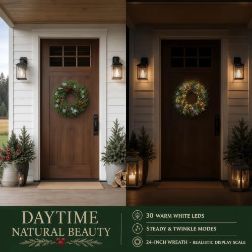 Artificial Norfolk Pine Christmas Wreath 24" Full Design with Door Hanger - Image 6