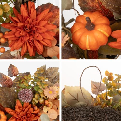 24" Fall Wreath with Pumpkins Dahlias Daisies Berries & Eucalyptus Leaves - Image 6