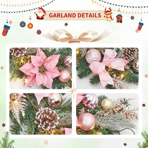 Garvee 6ft Pink Christmas Garland with Lights, Prelit Garland for Mantle - Image 3