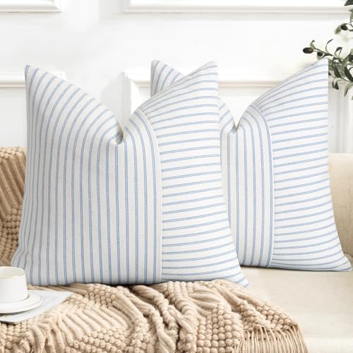 YCOLL Farmhouse Euro Sham Pillow Covers 26x26, Modern Throw Pillow Covers Set of 2, Light Blue and Beige Striped Patchwork Linen Decorative Cushion Covers for Bed Sofa Couch Living Room Home Decor by PillowCoversExpert