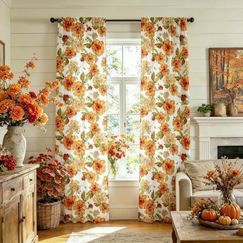 youleyar Fall Curtains for Living Room, 96 Inch Length Rod Pocket Printed Pattern Fall Curtian Panels, Autumn Orange Floral Window Drapes for Bedroom Dining Room Drapes, 52" W x 96" L - Image 6