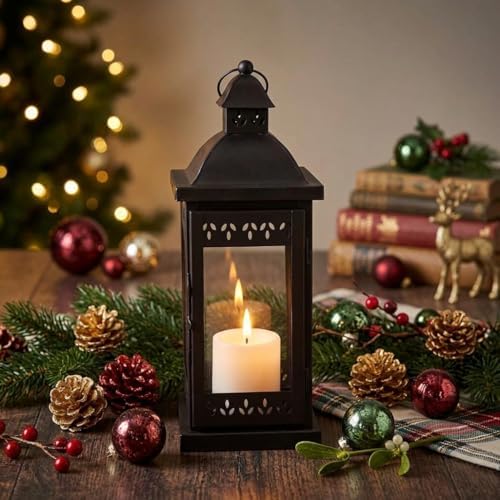 Hosley 15" Clear Glass Iron Lantern - Large Black Classic Style, Decorative Candle Holder for Weddings, Parties, Aromatherapy, Spa, LED Candles, Home Décor Gift - Image 3