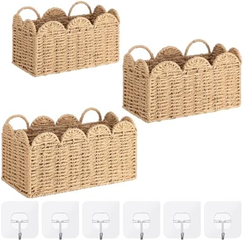 3 Pcs Wall Hanging Baskets,Scalloped,Natural Tan,Paper Cord by Ferrochef