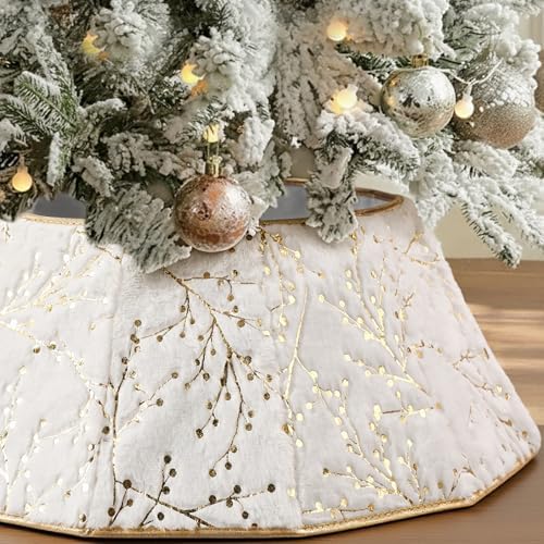 Soulchen Faux Fur Christmas Tree Collar 25.5" Foldable Christmas Tree Ring Rustic Luxury Faux Fur Plush for Xmas Base Stand Cover Xmas Holiday Decorations Indoor Home Decor(B,Berry Branch,White) by Soulchen