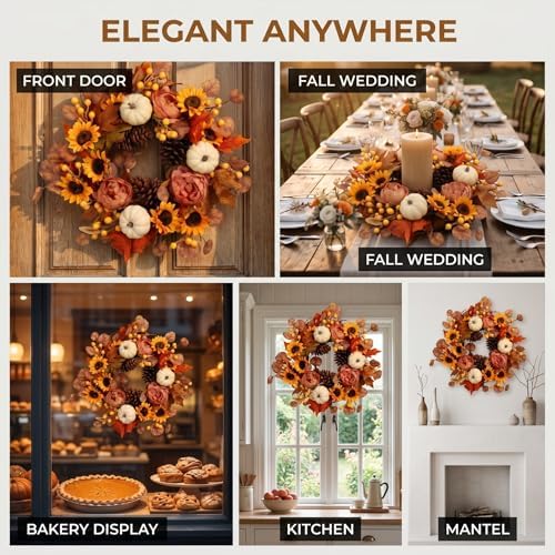 Artificial Fall Autumn Wreath 22 in with Sunflower,Peony,Pumpkin, Eucalyptus Leaf for Front Door Thanksgiving Wreaths Wall Window Harvest Festival Celebration - Image 5
