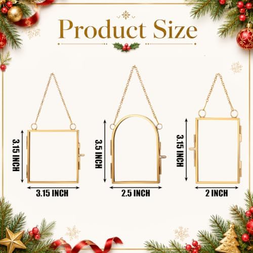 Qunclay 6 Pcs 2x3” 3.2x3.2” 2.5x3.5” Christmas Brass Picture Frame Ornaments Xmas Metal Double Glass Hanging Photo Frame with Metal Chain for Christmas Tree Decorations (Gold, Square, Arch) - Image 2
