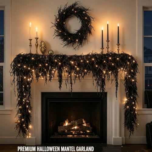 Spooky Chic: Halloween Fireplace Decor Set, 1m/1.5m/1.7m/2.7m Black Halloween Garland with Lights, Home Indoor Seasonal Party Decorations (2.7m) - Image 3