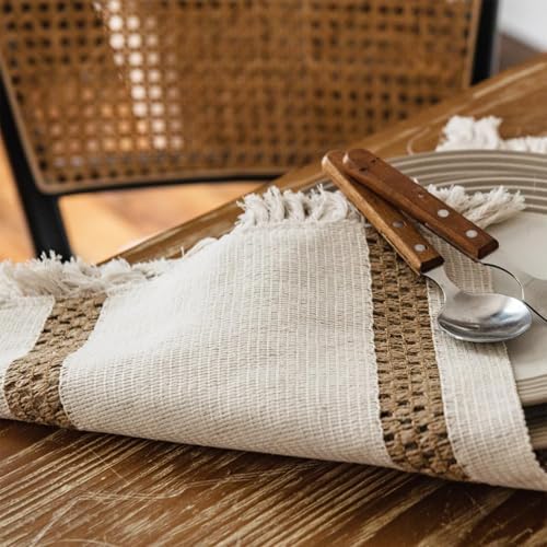 Niviy Boho Placemats Set of 8, 12x18 Inch Natural Cotton Burlap and Kitchen Woven Placemats with Tassels for Dining Table Centerpiece Thanksgiving Home Decorations - Image 4