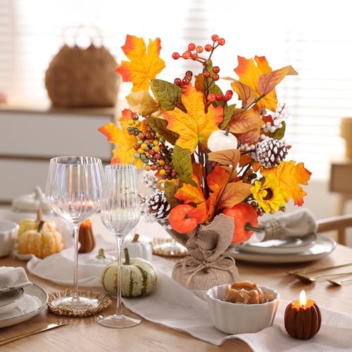 2 Pack Thanksgiving Fall Tabletop Tree Decor Fall Maple Tree with Pumpkins Pinecones LED Battery Operated Rustic Burlap Base Artificial Tabletop Trees for Home Office Autumn Decor - Image 5