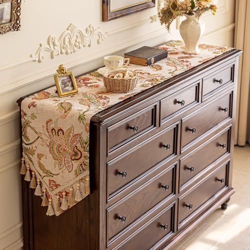 Floral Embroidered Dresser Runner 55" Non-Slip Tassels, Ivory - Image 2