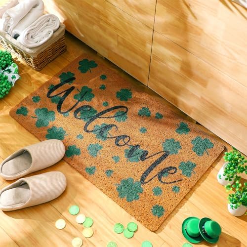 Drydiet St. Patrick's Day Decoration Set Include Non Slip Welcome Clover Imitation Coir Doormat Irish Green Shamrock Wreath with Bow for Spring Outdoor Front Door Entrance Home Wall Window Porch Decor - Image 5