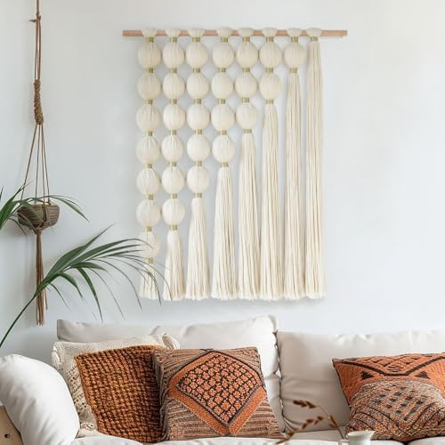 Jakalin Macrame Wall Hanging, Ivory Tassel Ball Boho Wall Decor, 27"x31" - Image 5