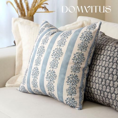 DOMVITUS Floral Throw Pillow Covers 24x24 Inch Set of 2, Block Print Decorative Pillow Covers Vintage Striped Neutral Farmhouse Boho Home Decor for Couch Sofa Bed Living Room, Light Blue - Image 4