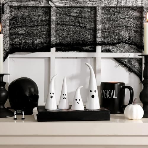 Halloween Decor Ceramic Ghost: 4 pcs Cute Halloween Decorations Indoor, Rustic Witch Hat Shape Ghost Figurine, Farmhouse Table Desk Tiered Tray Mantel Fireplace Decor for Kids Home Office - Image 5