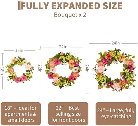 18in Fake Peony and Hydrangea Spring Summer Wreath, Artificial Flower Wreath with 2 Matching Bouquets Set, Front Door Decor for Spring Home Office, Valentine's Day, Mother's Day - Image 5