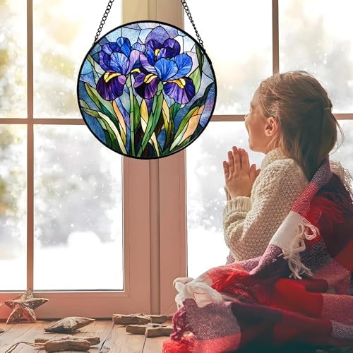 Blue Purple Iris Flowers Stained Glass Window Hanging Suncatcher Gifts 9.8" - Image 2