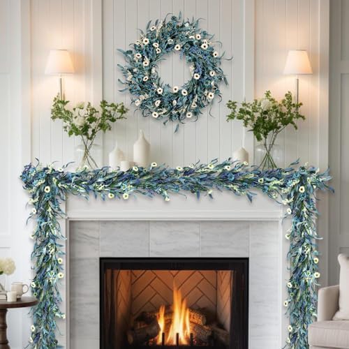 70 Inch Blue Eucalyptus Garland with White Flowers - Long Artificial Vine Garland for Staircase, Mantel, Fence, Front Door, Indoor/Outdoor Hanging Decor for All Seasons - Image 6