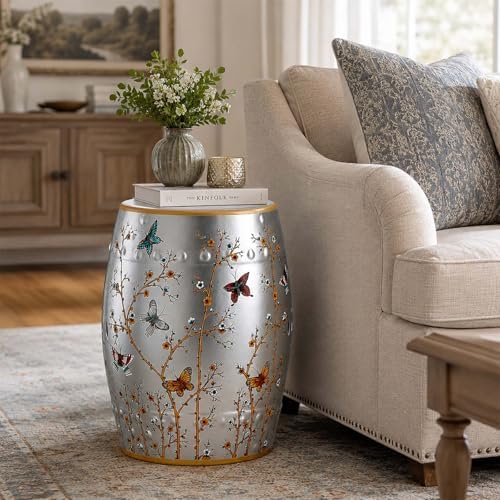 Lefedrasticity Ceramic Garden Stool Outdoor Decorative Garden Stools Hand-Painted Chinoiserie Decor Drum Stool for Garden Patio Backyard Balcony Living Room Bathroom (Silver, Pattern 3) - Image 2