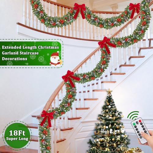 Remote Control&Super Long&8 Modes-18 Ft Prelit Canyon Pine Christmas Garland for Stairs Door Porch Outdoor Indoor Fireplace Mantle,100 Warm White&Colors Switch Lights,Timer,460 Branches Pinecone Berry - Image 6