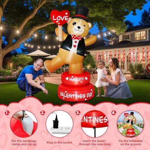 B&D 6FT Valentine Inflatables Outdoor Decorations, Rotating Valentines Bear Inflatable Stands on The Turntable Built-in LEDs Valentines Blow Up Yard Decorations for Party Wedding Propose Garden Lawn - Image 6