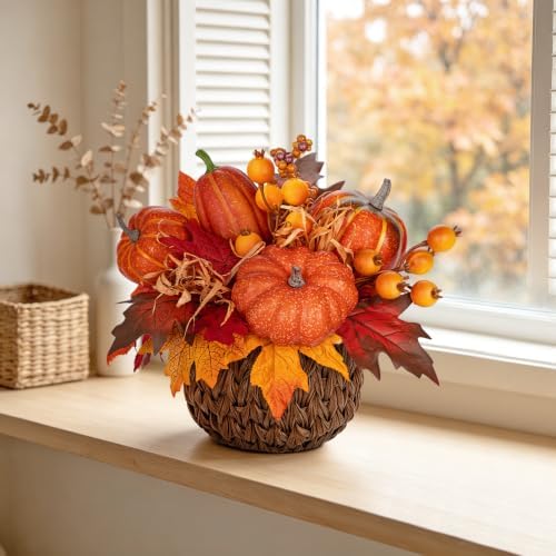 10" Artificial Pumpkin Fall Centerpiece with Woven Basket Centerpiece - Image 2