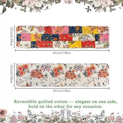 Reversible Patchwork Floral Quilted Table Runner, 13 x 54 Inch - Image 2