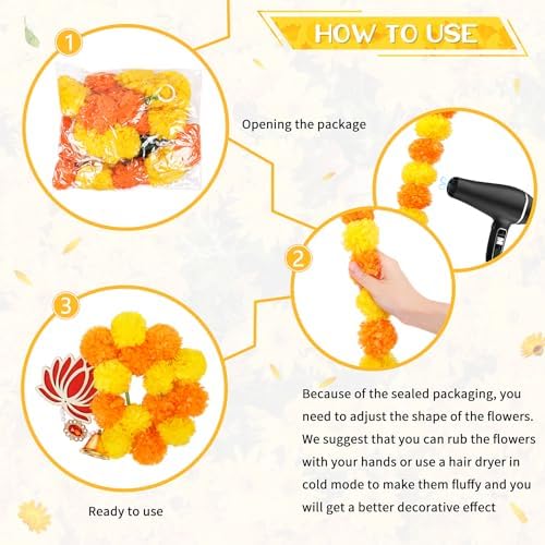 5PCS Artificial Marigold Garland with Lotus and Bell for Diwali Decoration, Marigold Long Strands for Indian Wedding Pooja Puja Decor, Flowers Garland for All Year Decoration - Image 7