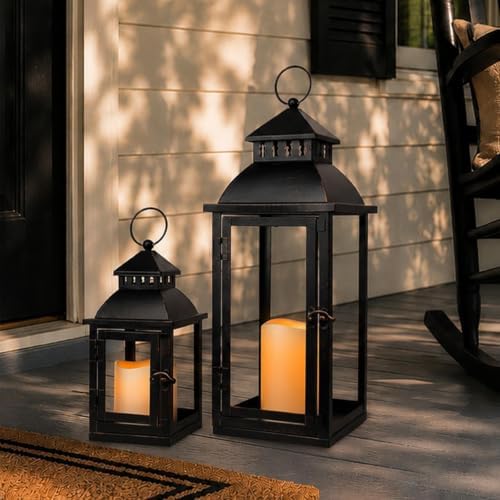 NEEDOMO LED Lanterns Decorative Outdoor&Indoor, Set of 2 Large Bronze Metal Lantern Decor with LED Candle, Lantern Decor for Porch, Patio, Garden, Balcony, Wedding, Spring Decorations (NO Glass) by NEEDOMO-LightUpYourSpace
