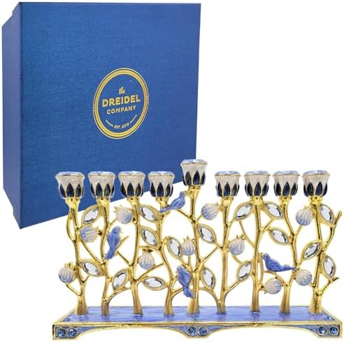 The Dreidel Company Hanukkah Menorah Enamel Pomegranate & Blue Bird Design, Hand-Painted Enameled Metal This Ornate 9 Branch Menorah Measures 12" High X 10" Wide - Image 2
