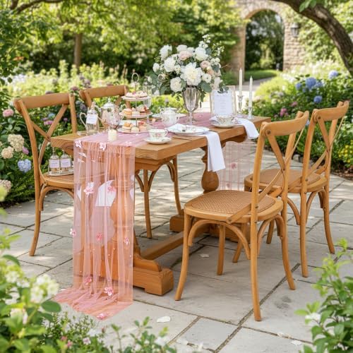 Fanqisi Dusty Rose Pearl Table Runner Floral Tulle Gauze Runner 10FT 8 Pack - Image 4
