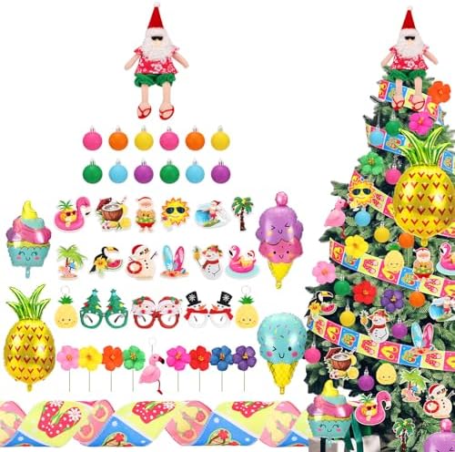Halfchet 43 Pcs Summer Tree Ornaments Sets Summer Tree Decorations with Hibiscus, Pineapple, Ice Cream, Flamingo & Hanging Tags Summers Ornaments for Small Tropical Trees Decor by JaaMiin