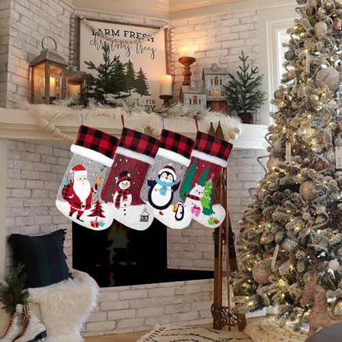 BHD BEAUTY Burlap Gray Red Non-Woven Fleece Fabric Lovely Embroidery Pattern Set of 4 Christmas Stocking for Family Decorations Hanging Ornament for Xmas Holiday Party 20 inches - Image 3