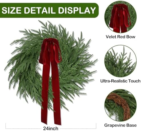 2 Pack Christmas Wreath for Front Door, Artificial Pine Cedar Holiday Wreath with Red Bow, Winter Greenery Wreath for Indoor Outdoor Home Decoration - Image 4